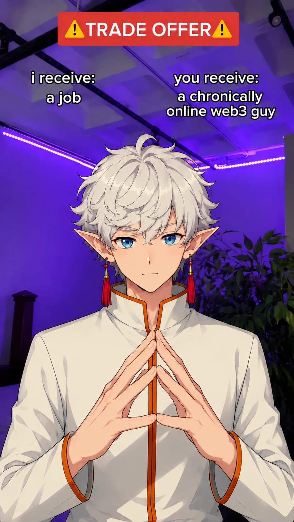 Trade Offer meme: I receive a job; you receive a chronically online Web3 guy, above Satya's white-haired character